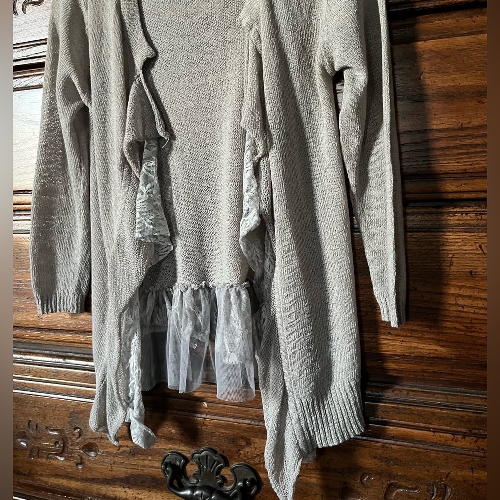 A'Reve Light Gray Ruffle and Lace Cardigan - Picture 2 of 9